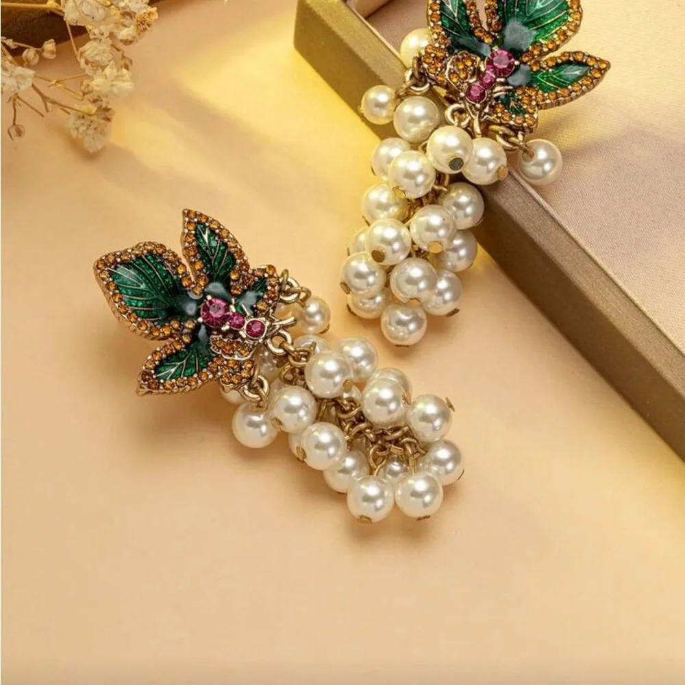 Elegant Pearl and Green Leaf Earrings
